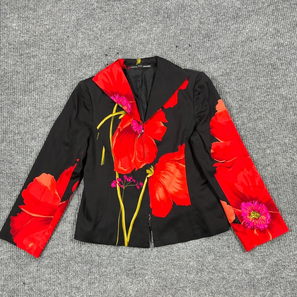 Vintage Linda Allard Ellen Tracy Size 12 Black Red Floral Blazer Jacket Poppy